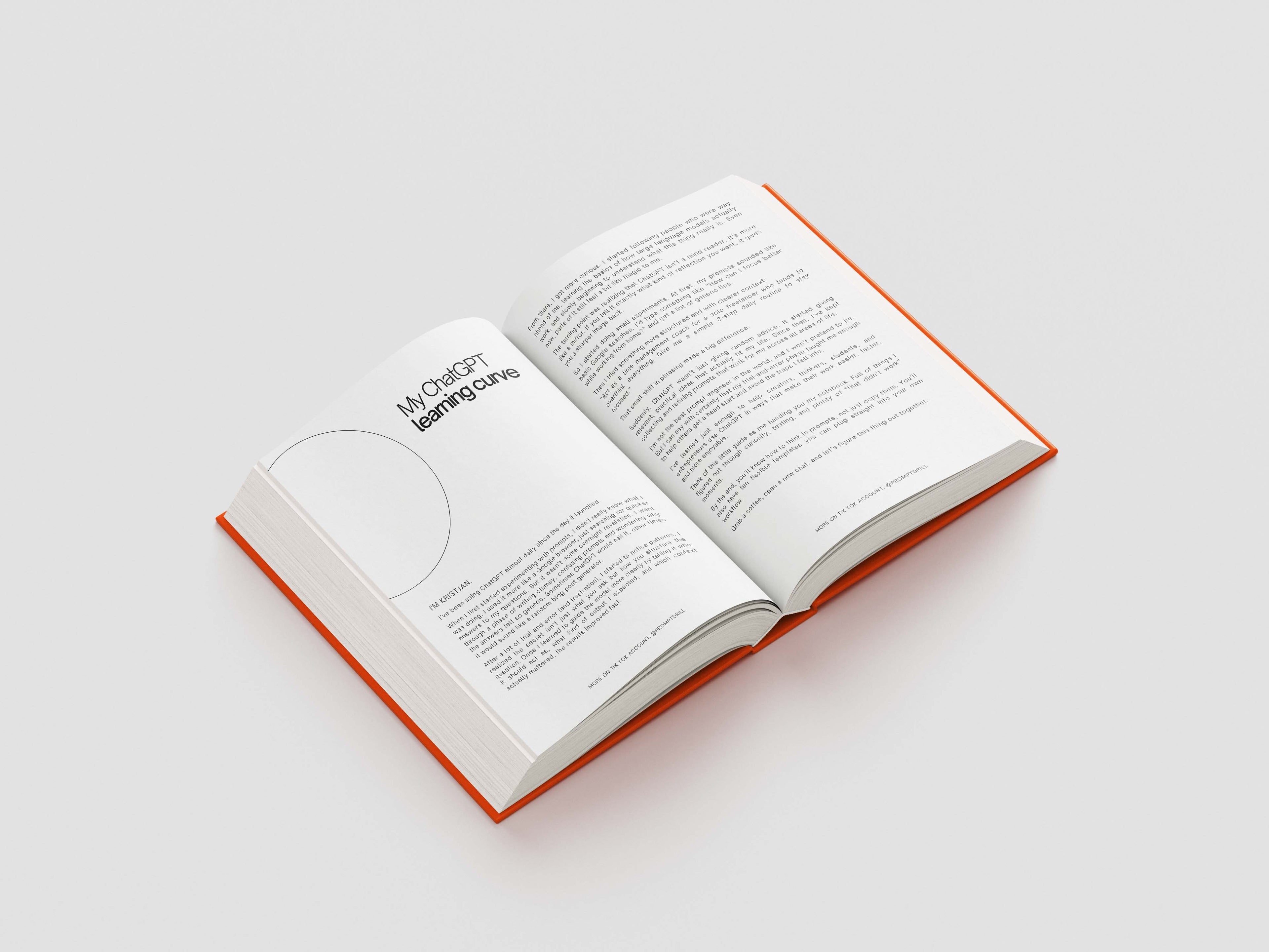 Open book with orange binding on a light gray background